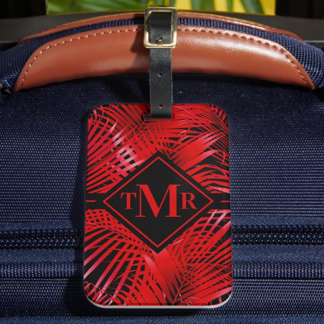 Monogrammed Red Tropical Palm Luggage Tag (Front Insitu 2)
