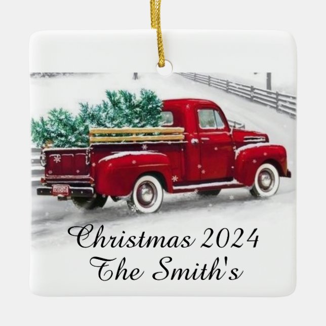 Monogrammed Red truck Christmas Acrylic Ornament (Front)