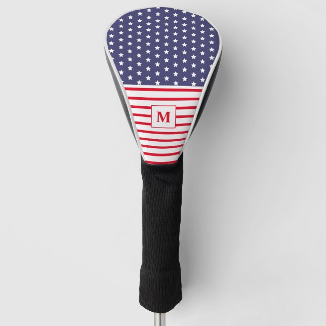 Monogrammed Red White and Blue American Flag Golf Head Cover (Front)