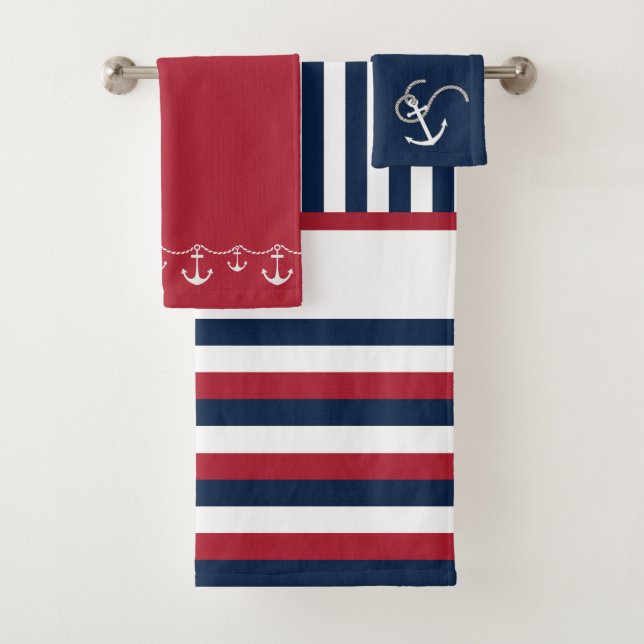 Monogrammed Red, white and blue stripe Nautical Bath Towel Set (Insitu)