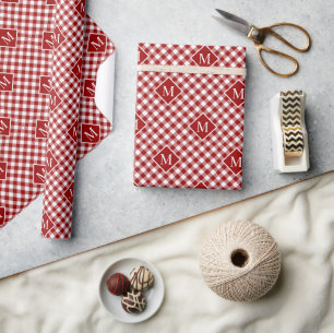 Monogrammed Red White Buffalo Check Pattern Wrapping Paper