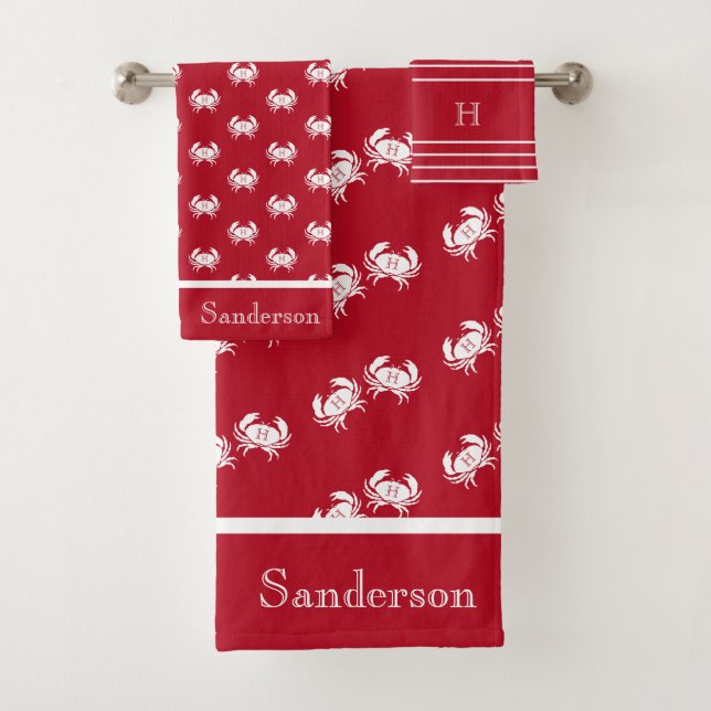 Monogrammed Red White Crab Nautical Bath Towel Set (Insitu)
