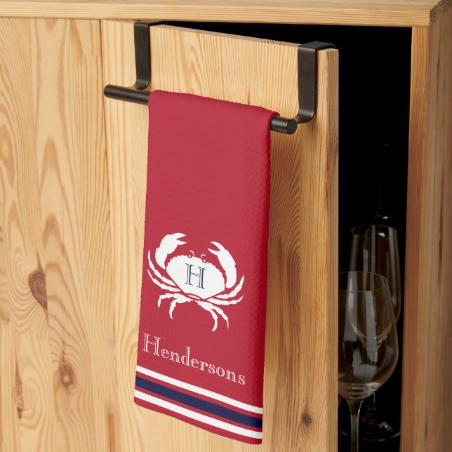 Monogrammed Red White Crab Nautical Kitchen Towel (Thirds Fold)