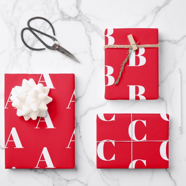 Monogrammed red white custom Initial letter Wrapping Paper Sheet (Front)