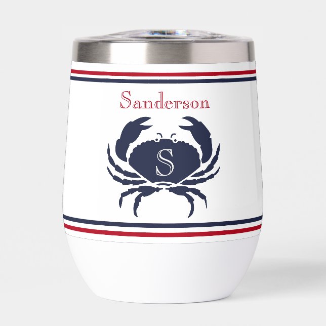 Monogrammed Red White Navy Blue Crab Nautical  (Front)