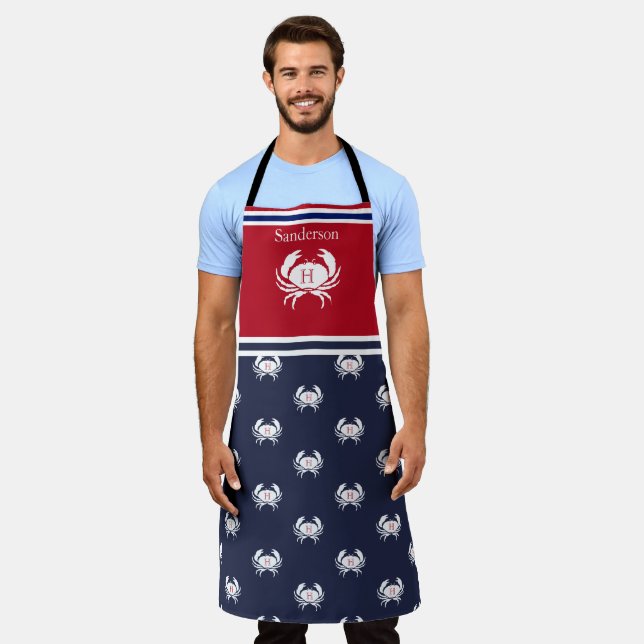 Monogrammed Red White Navy Blue Crab Nautical Apro Apron (Worn)