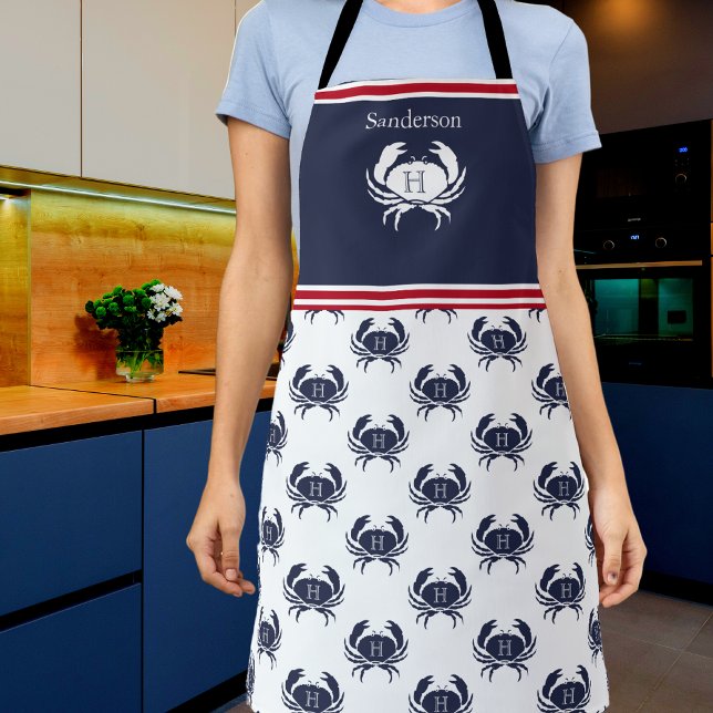 Monogrammed Red White Navy Blue Crab Nautical  Apron (Creator Uploaded)