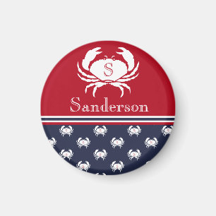 Monogrammed Red White Navy Blue Crab Nautical Ma Magnet