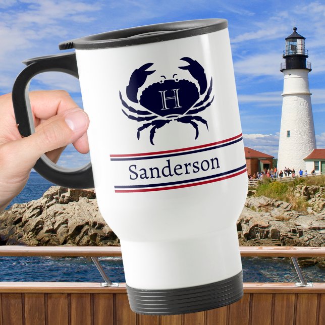 Monogrammed Red White Navy Blue Crab Nautical Travel Mug (Creator Uploaded)