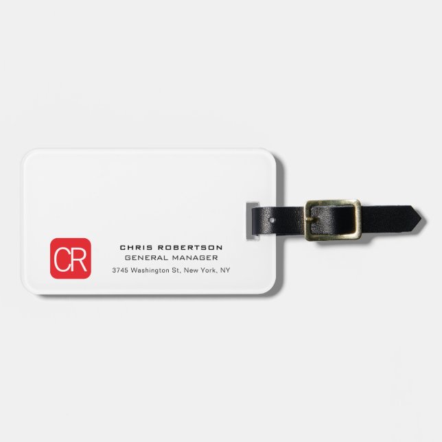 Monogrammed Red White Professional Plain Luggage Tag (Front Horizontal)