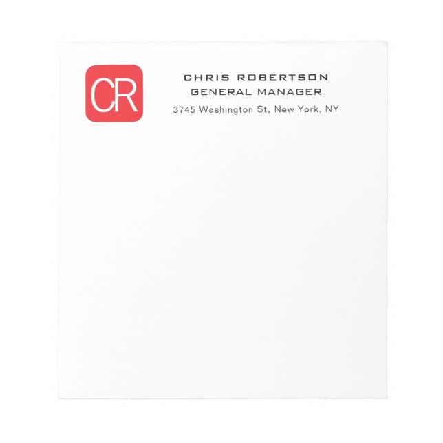Monogrammed Red White Professional Plain Notepad (Front)