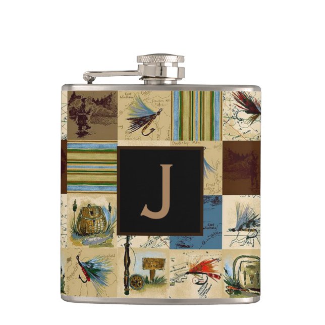 Monogrammed Reel Men Fishing Hip Flask (Front)