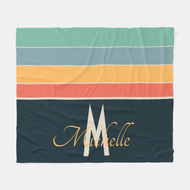 Monogrammed Retro 70s Colourful Stripe Custom Name Fleece Blanket (Front (Horizontal))
