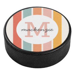 Monogrammed Retro Colorful Stripes Personalized Hockey Puck