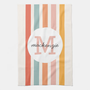 Monogrammed Retro Colorful Stripes Personalized Tea Towel