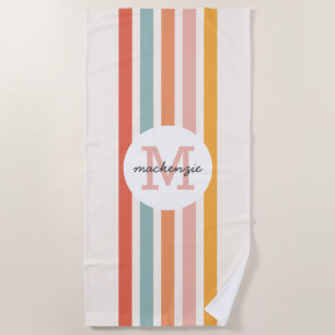 Monogrammed Retro Colourful Stripes Personalised Beach Towel