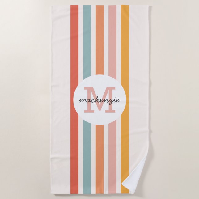 Monogrammed Retro Colourful Stripes Personalised Beach Towel (Front)
