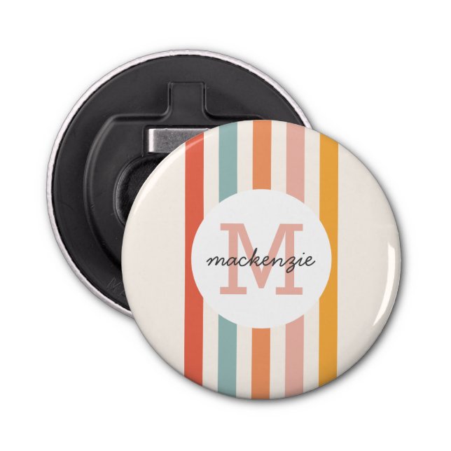 Monogrammed Retro Colourful Stripes Personalised Bottle Opener (Front)