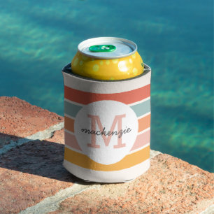 Monogrammed Retro Colourful Stripes Personalised Can Cooler