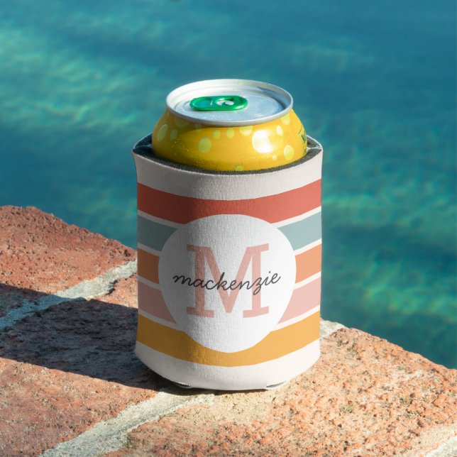 Monogrammed Retro Colourful Stripes Personalised Can Cooler (In Situ Pool)