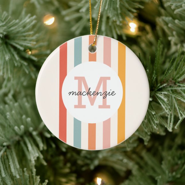 Monogrammed Retro Colourful Stripes Personalised Ceramic Tree Decoration (Tree)