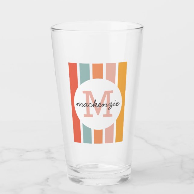 Monogrammed Retro Colourful Stripes Personalised Glass (Front)