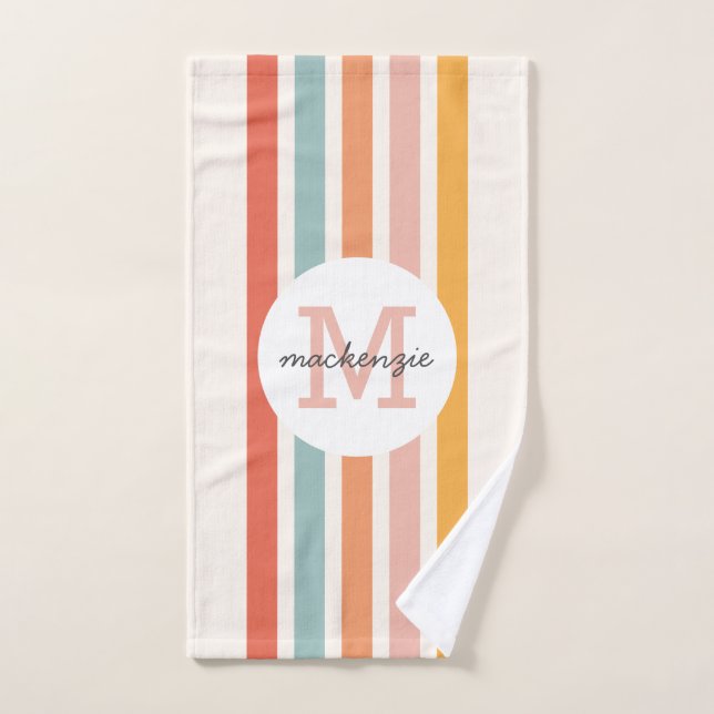 Monogrammed Retro Colourful Stripes Personalised Hand Towel (Hand Towel)