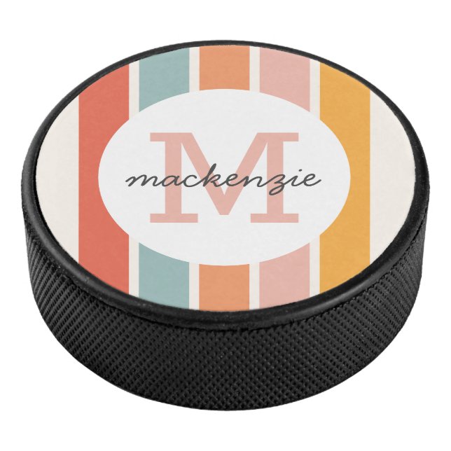 Monogrammed Retro Colourful Stripes Personalised Hockey Puck (3/4)