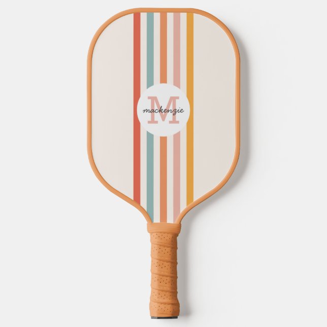 Monogrammed Retro Colourful Stripes Personalised Pickleball Paddle (Front)