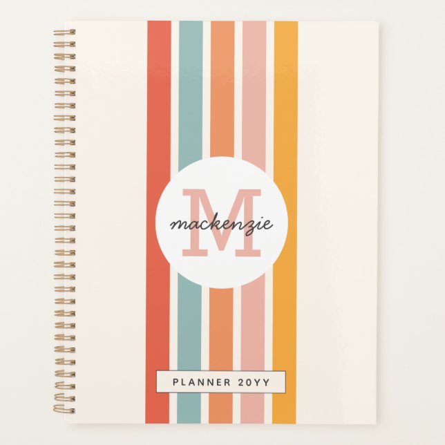 Monogrammed Retro Colourful Stripes Personalised Planner (Front)