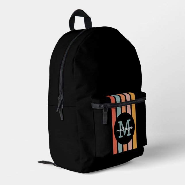 Monogrammed Retro Colourful Stripes Personalised Printed Backpack (Back Corner Left)