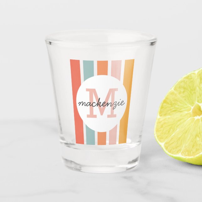 Monogrammed Retro Colourful Stripes Personalised Shot Glass (Front)