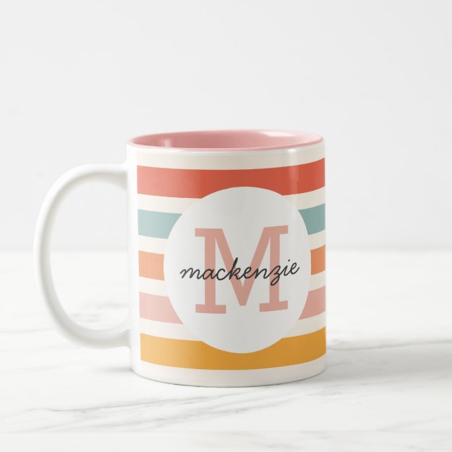 Monogrammed Retro Colourful Stripes Personalised Two-Tone Coffee Mug (Left)