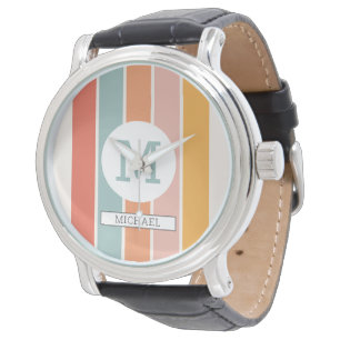 Monogrammed Retro Colourful Stripes Personalised Watch