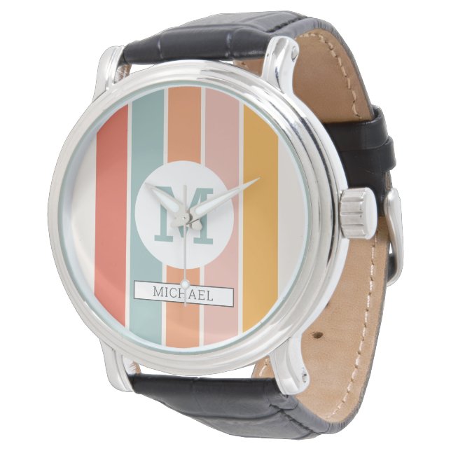 Monogrammed Retro Colourful Stripes Personalised Watch (Angled)