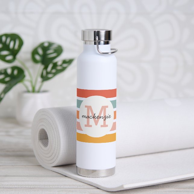 Monogrammed Retro Colourful Stripes Personalised Water Bottle (Yoga)