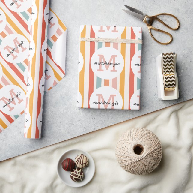 Monogrammed Retro Colourful Stripes Personalised Wrapping Paper (Crafts)