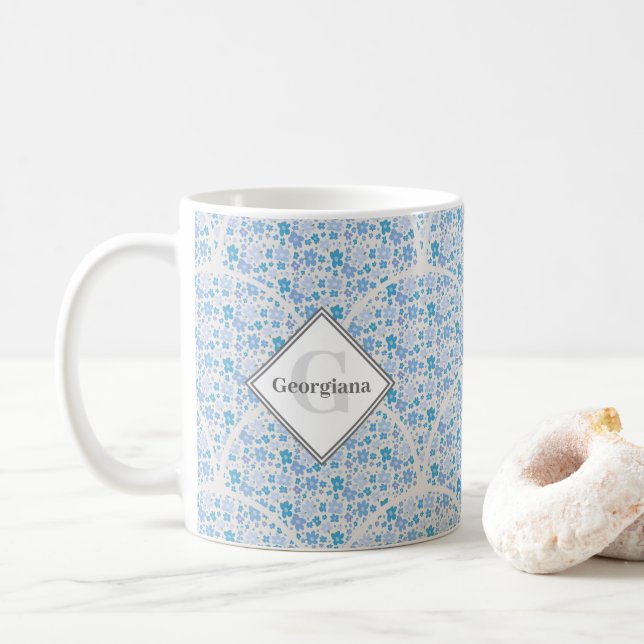 Monogrammed Retro Florals Berry Blue Art Deco Coffee Mug (With Donut)