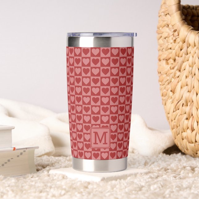Monogrammed Retro Red and Pink Heart Pattern Insulated Tumbler (Living Room)