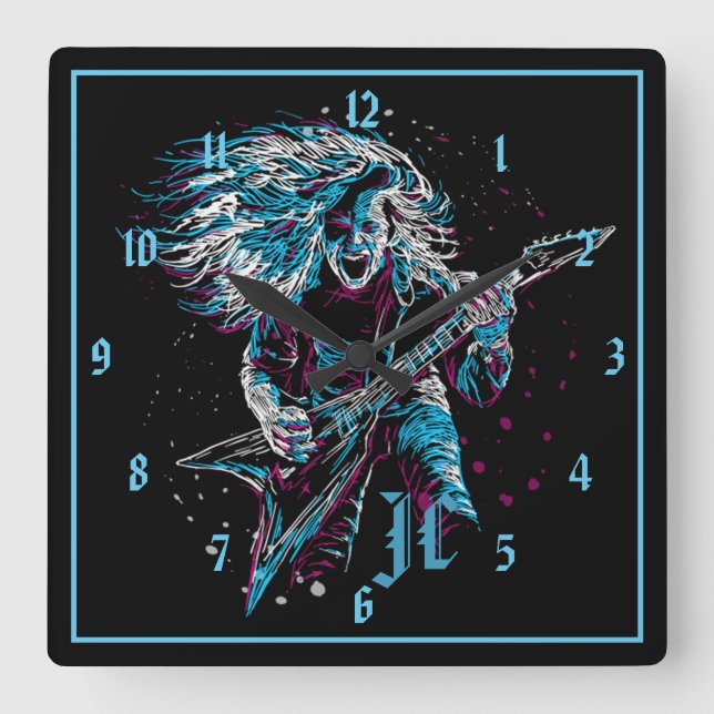 Monogrammed Rock On Heavy Metal Square Wall Clock (Front)