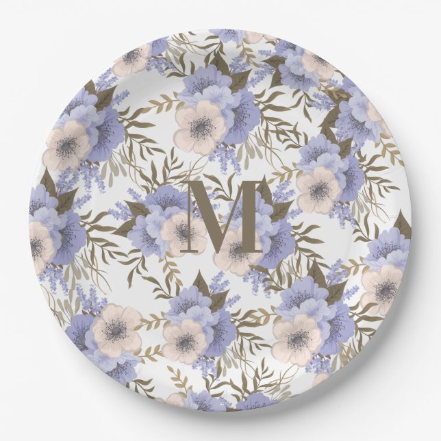 Monogrammed Romantic Violet Sage Botanical  Paper Plate (Front)