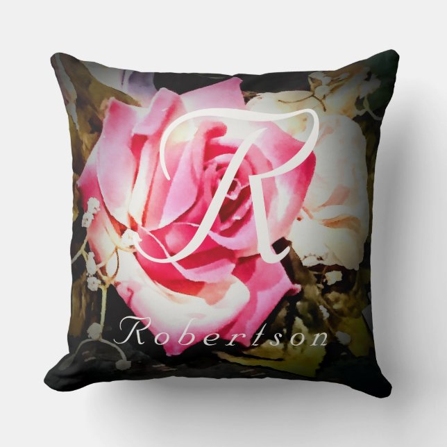 Monogrammed Rose Catholic Wedding Gift Cushion (Front)