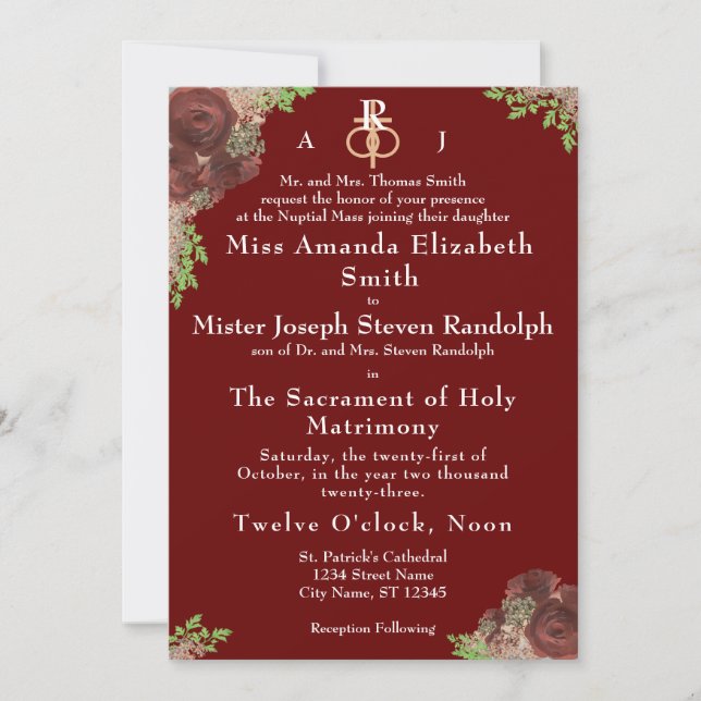 Monogrammed Rose-Corsage Wedding Invitation (Front)