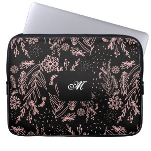 Monogrammed Rose Gold Black Botanical Pattern Laptop Sleeve