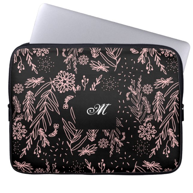 Monogrammed Rose Gold Black Botanical Pattern Laptop Sleeve (Front)
