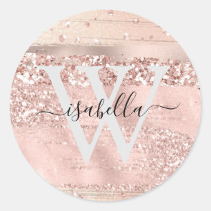 Monogrammed Rose Gold Brush Strokes Glitter Script Classic Round Sticker