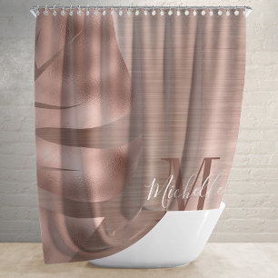 Monogrammed Rose Gold Brushed Metal Palm Leaf Shower Curtain