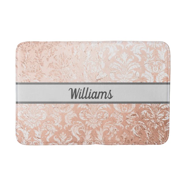 Monogrammed Rose Gold Damask  Bath Mat (Front)