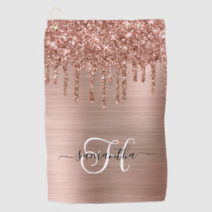 Monogrammed Rose Gold Dripping Glitter Golf Towel
