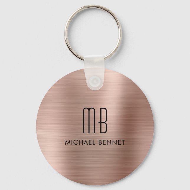 Monogrammed Rose Gold Faux Brushed Metal Key Ring (Front)